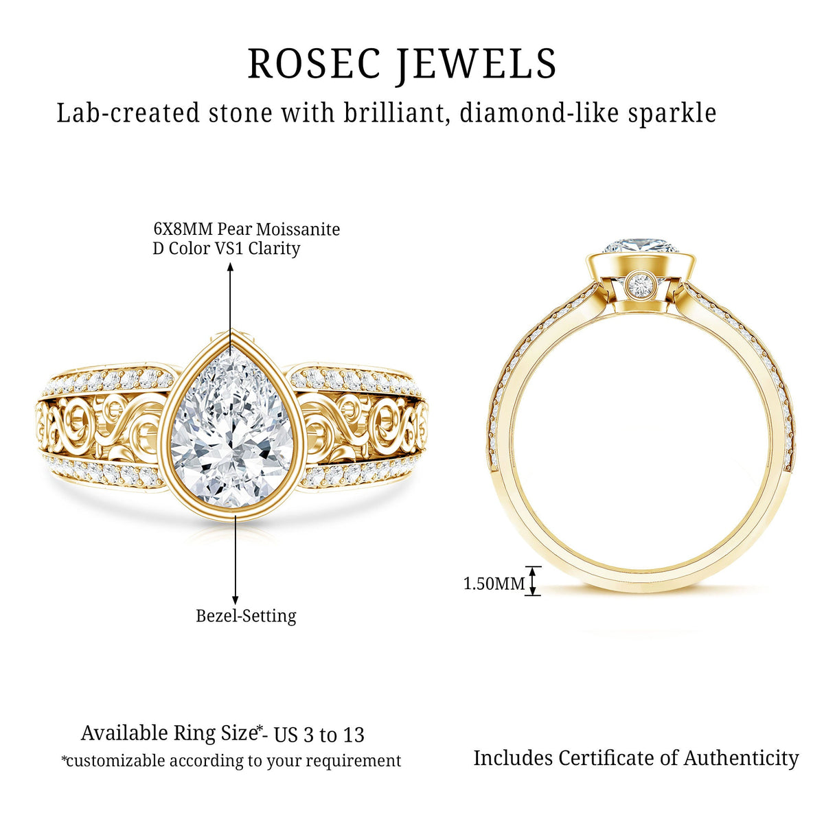 Bezel Set Moissanite Pear Engagement Ring with Filigree Details