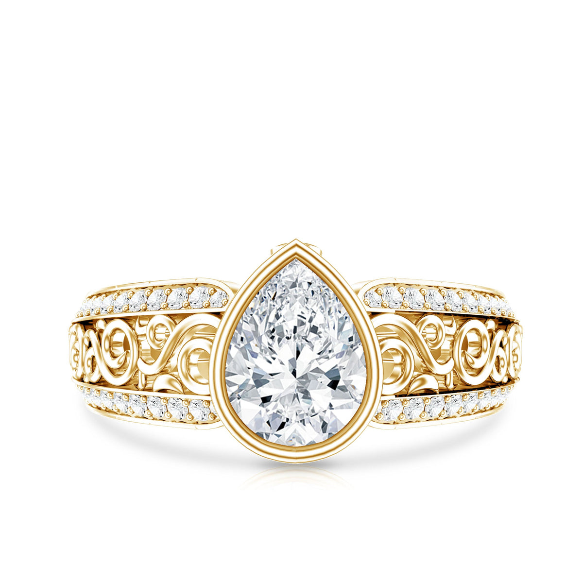 Bezel Set Moissanite Pear Engagement Ring with Filigree Details