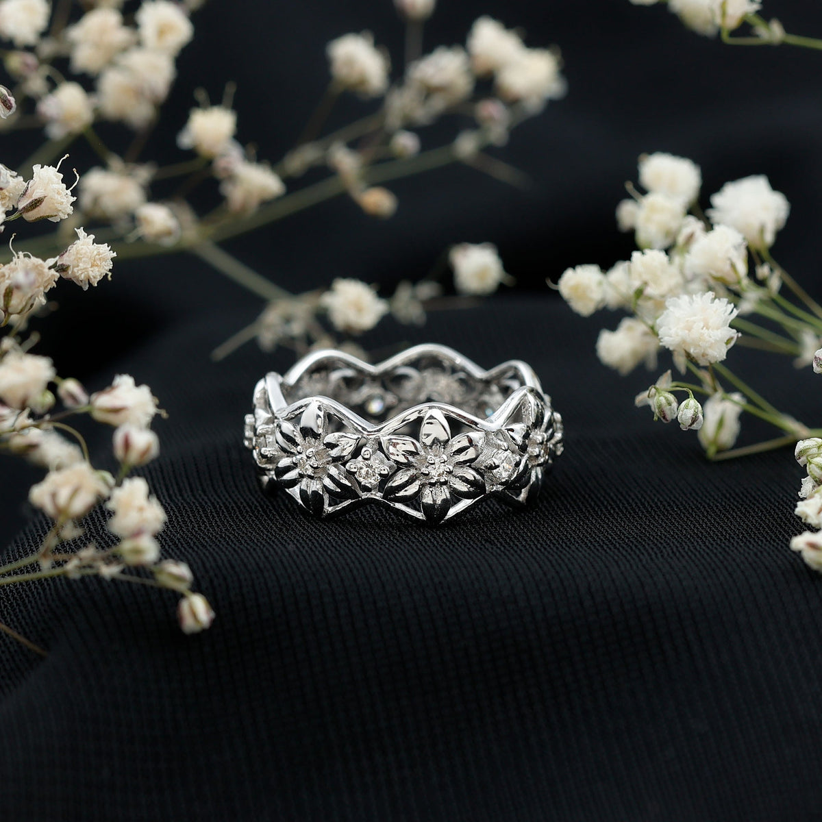 Natural Diamond Flower Wedding Band Ring With Certificate