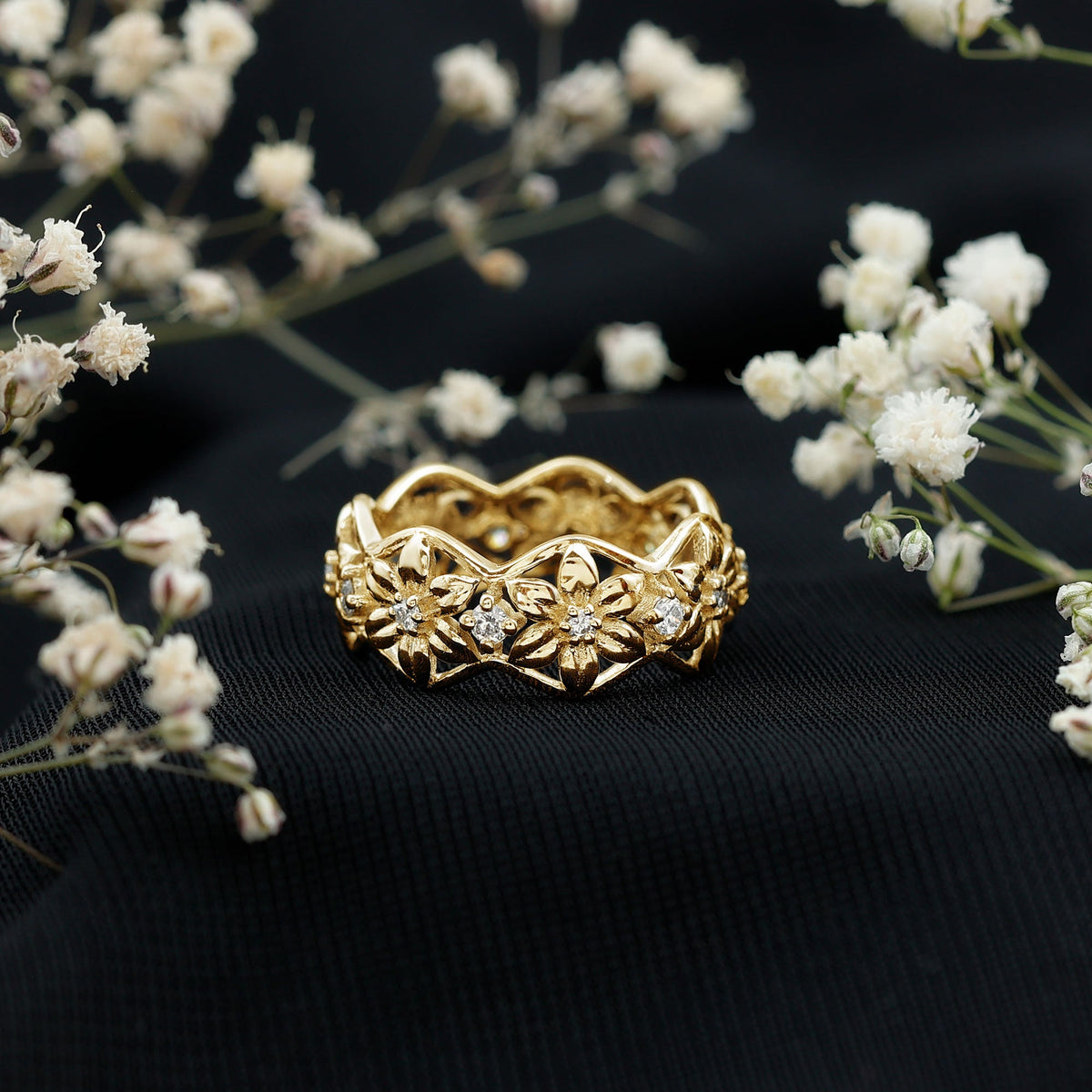 Natural Diamond Flower Wedding Band Ring With Certificate