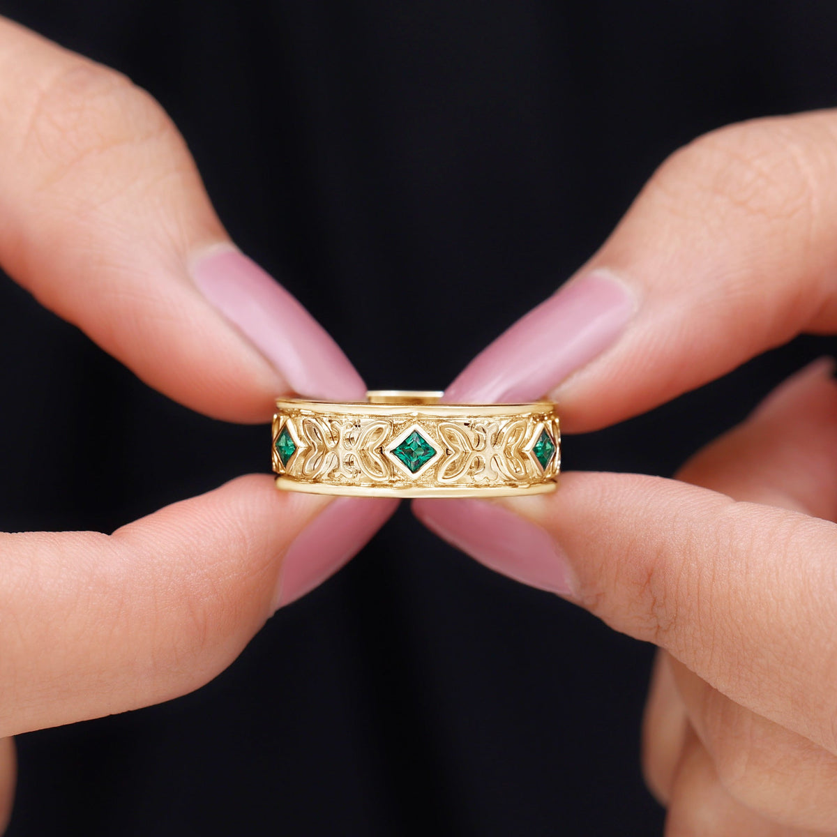 Princess Cut Lab Created Emerald Vintage Inspired Wedding Band