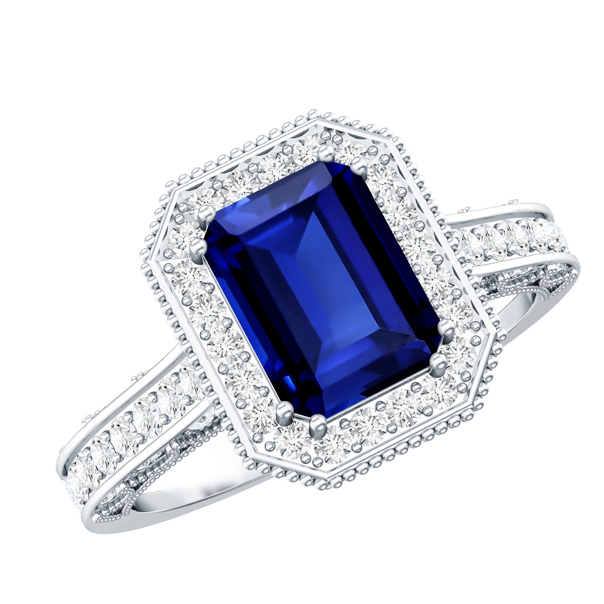 Certified 1.7 Carat Lab Grown Blue Sapphire Emerald Cut Engagement Ring with Diamond Halo