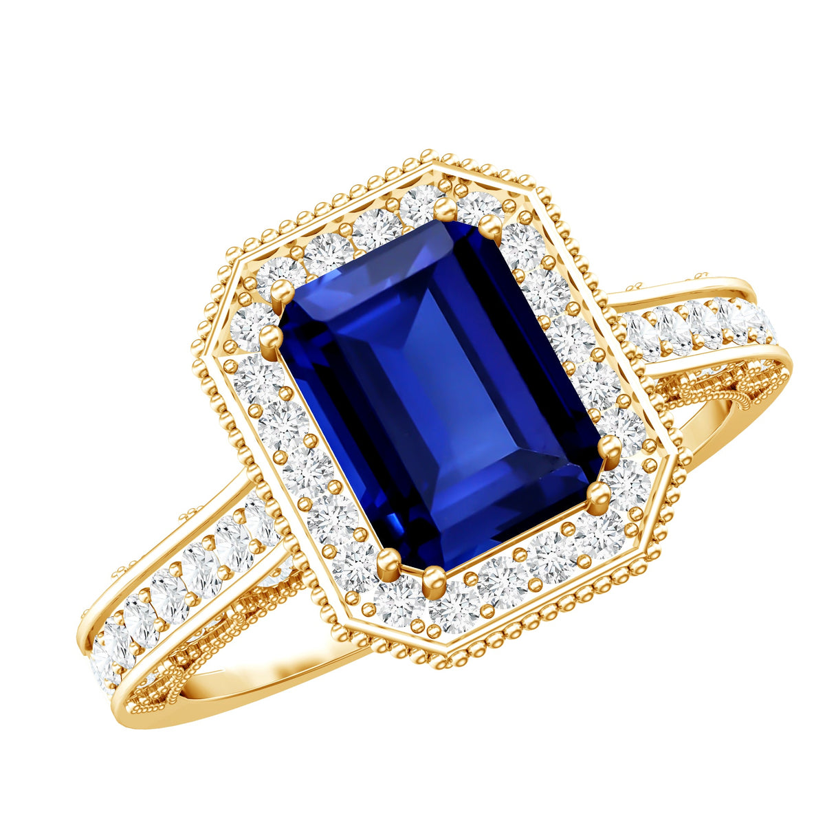 Certified 1.7 Carat Lab Grown Blue Sapphire Emerald Cut Engagement Ring with Diamond Halo