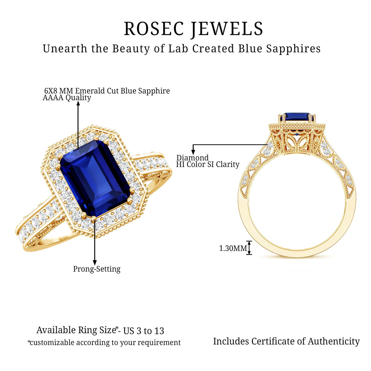Certified 1.7 Carat Lab Grown Blue Sapphire Emerald Cut Engagement Ring with Diamond Halo