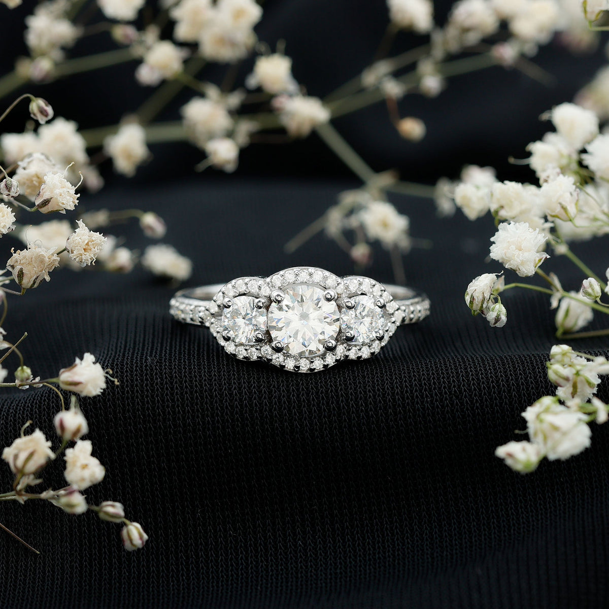 Certified Moissanite Three Stone Statement Engagement Ring