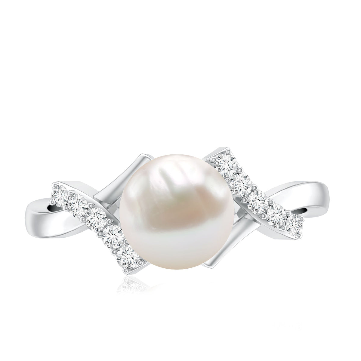 Freshwater Pearl Solitaire Crossover Engagement Ring with Diamond