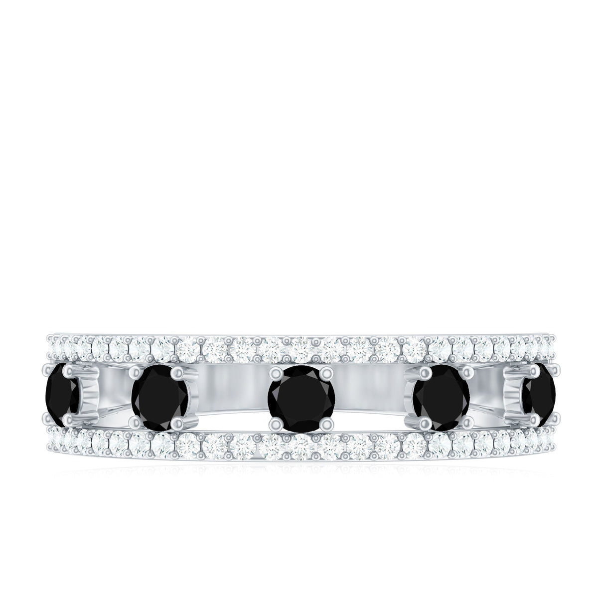 Round Cut Black Onyx and Diamond Half Eternity Band Ring