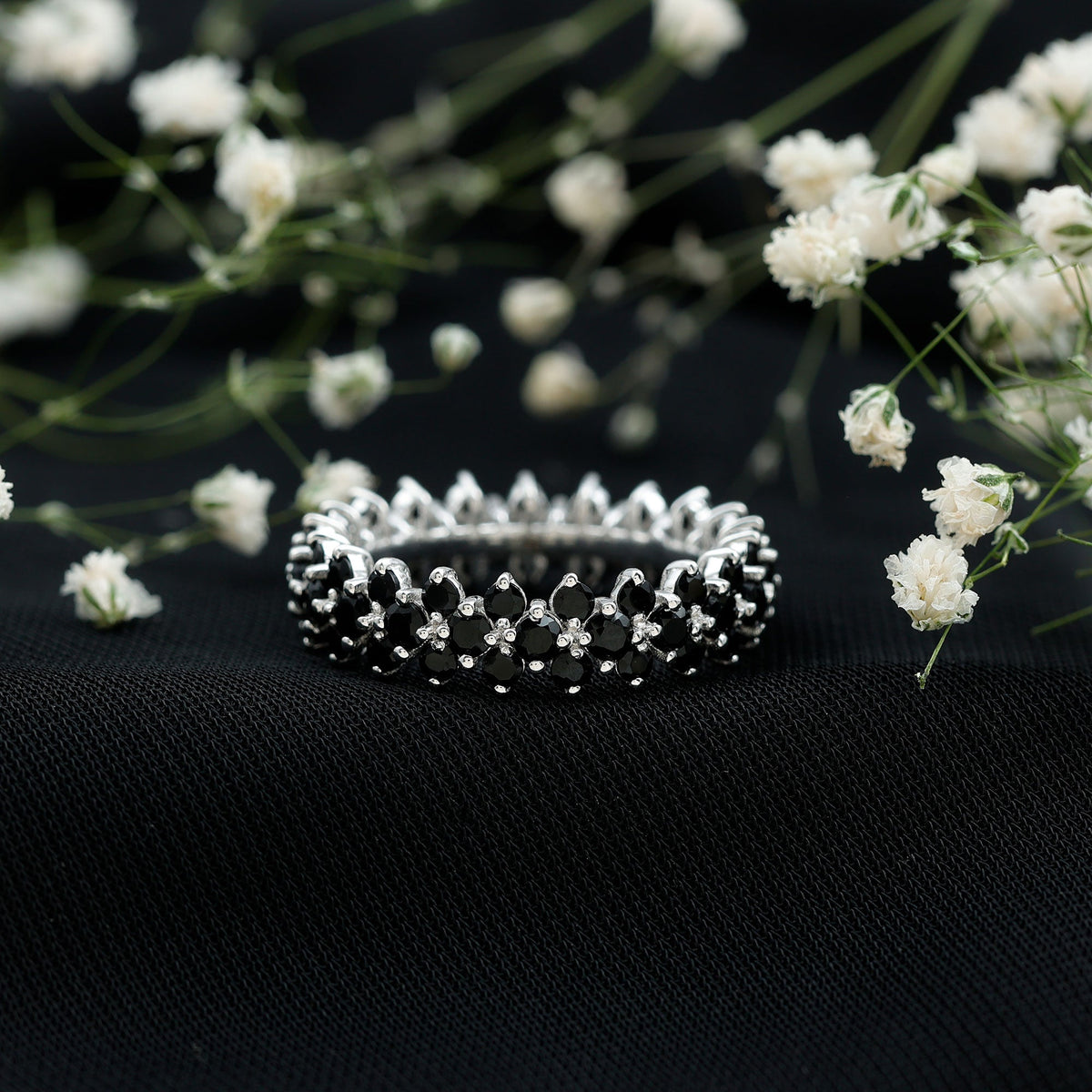 Round Cut Black Onyx Cluster Wedding Band for Women