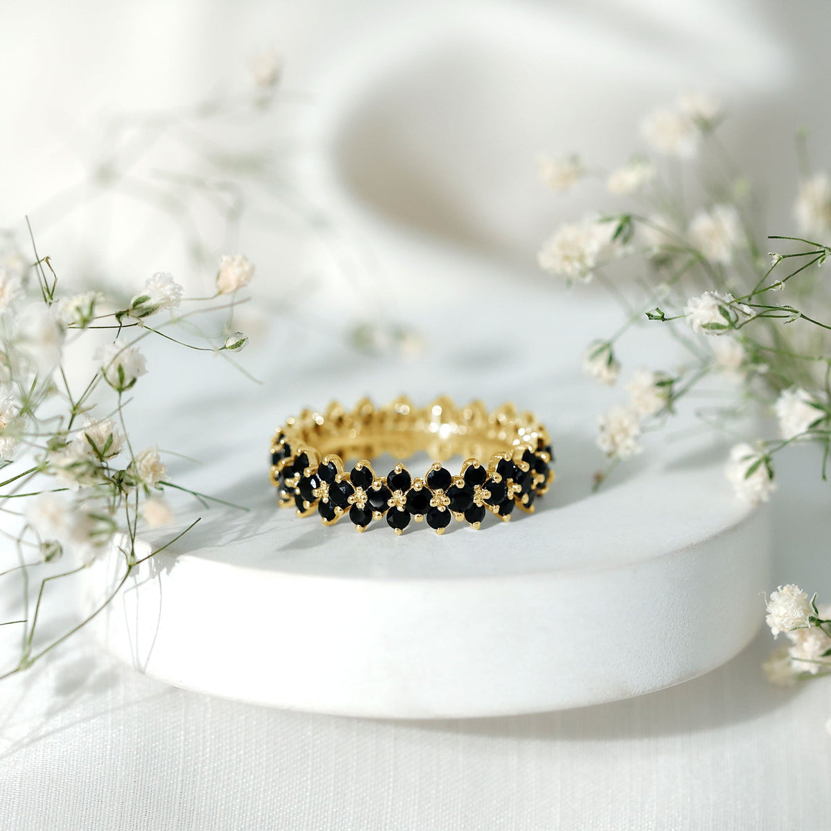 Round Cut Black Onyx Cluster Wedding Band for Women