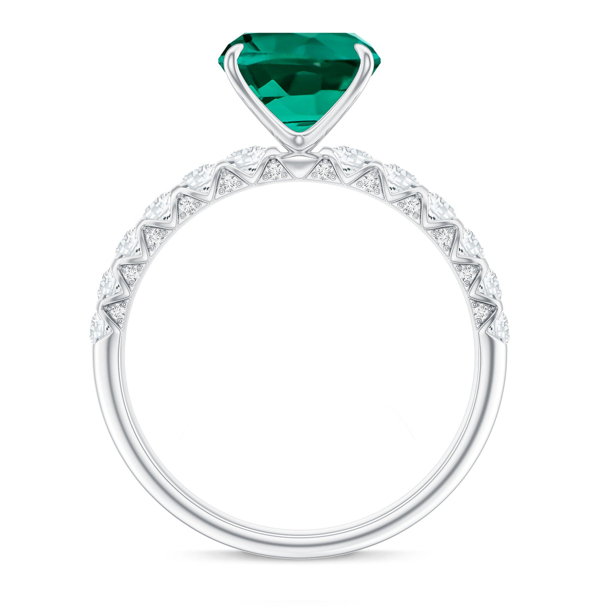 Certified Lab Grown Emerald Cushion Cut Engagement Ring with Diamond Side Stones