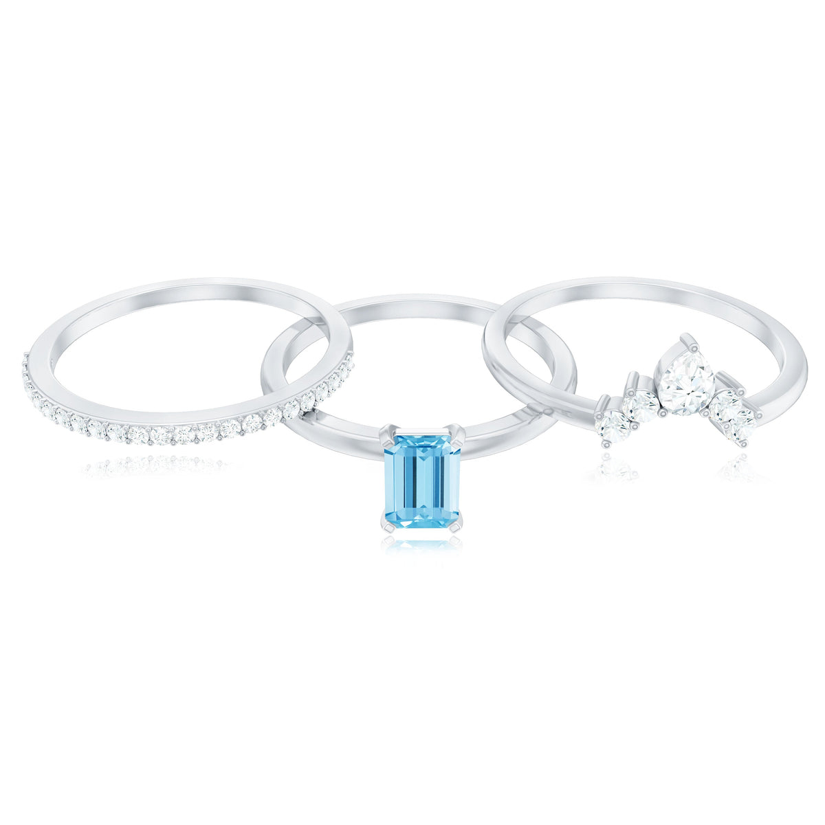 Emerald Cut 0.6 Carat Aquamarine Solitaire Ring Set of 3 with Diamond