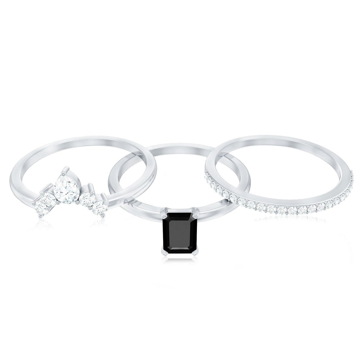 Emerald Cut Black Onyx and Diamond Trio Wedding Ring Set