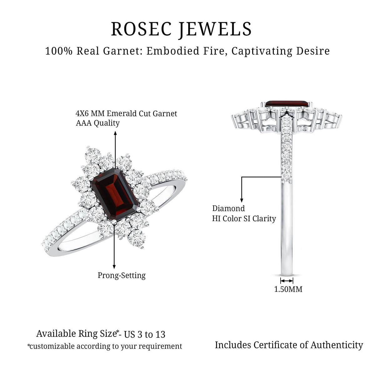 Vintage Inspired Garnet Emerald Cut Engagement Ring with Diamond Halo