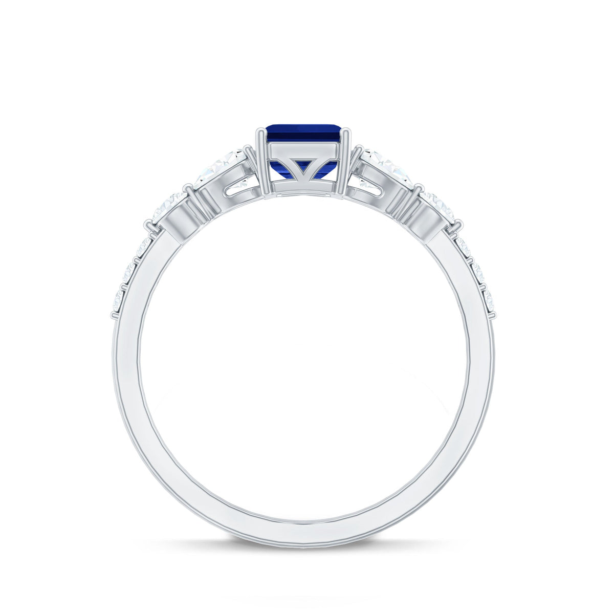 Certified 1.75 Carat Lab Grown Blue Sapphire Emerald Cut Engagement Ring with Diamond Side Stones