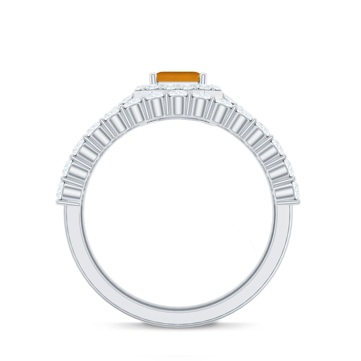 Emerald Cut Citrine Halo Engagement Ring with Moissanite Wedding Band