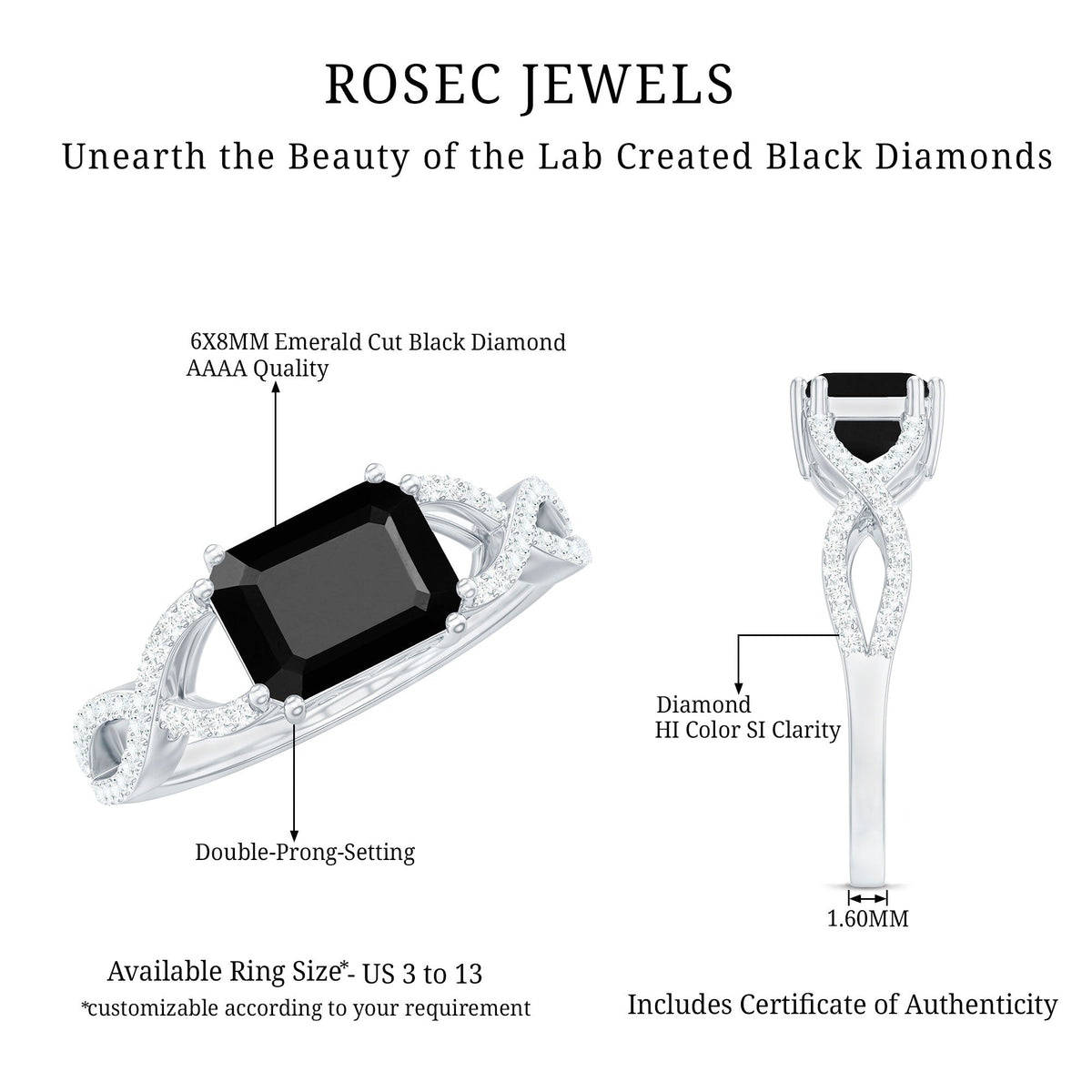 East West Style 1.6 Carat Lab Grown Black and White Diamond Engagement Ring with Crossover Shank