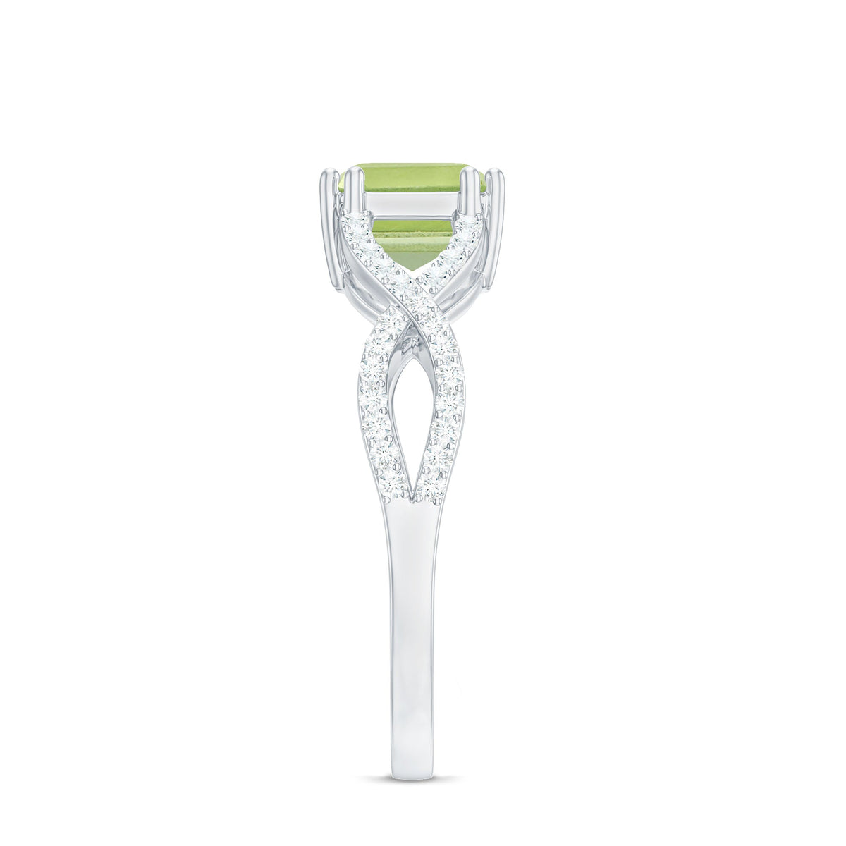 1.8 Carat Emerald Cut Peridot Engagement Ring Diamond Crossover Shank