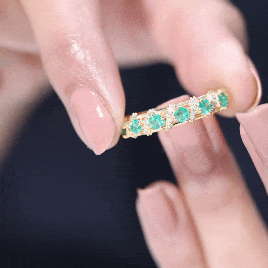 Round Emerald and Diamond Half Eternity Band for Women