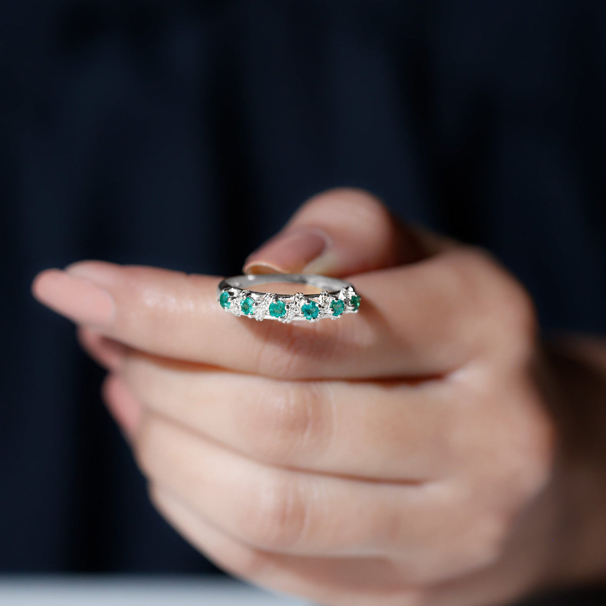 Round Emerald and Diamond Half Eternity Band for Women