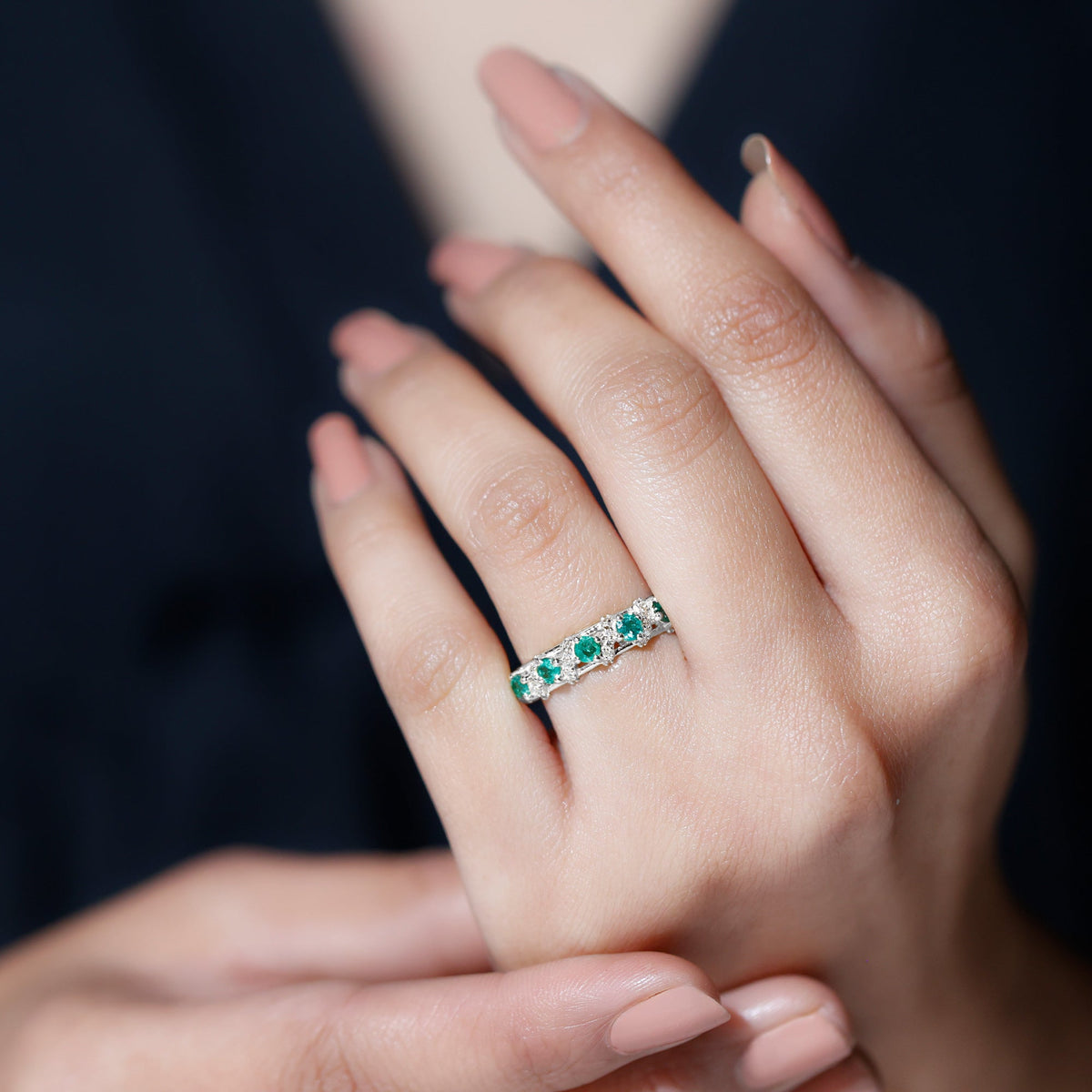Round Emerald and Diamond Half Eternity Band for Women