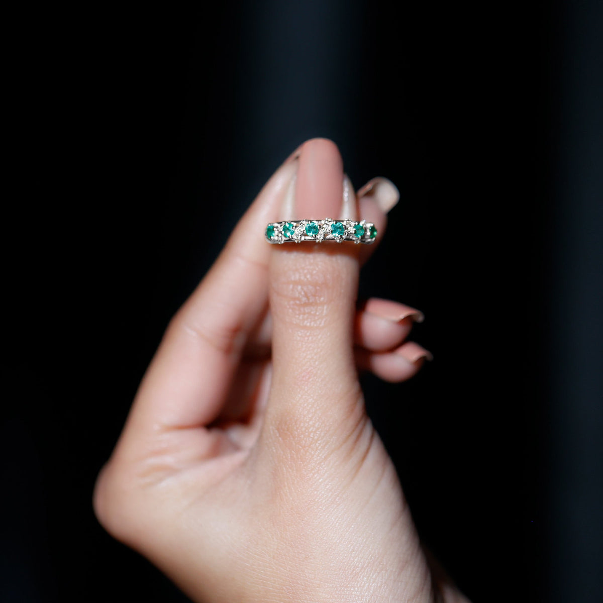 Round Emerald and Diamond Half Eternity Band for Women