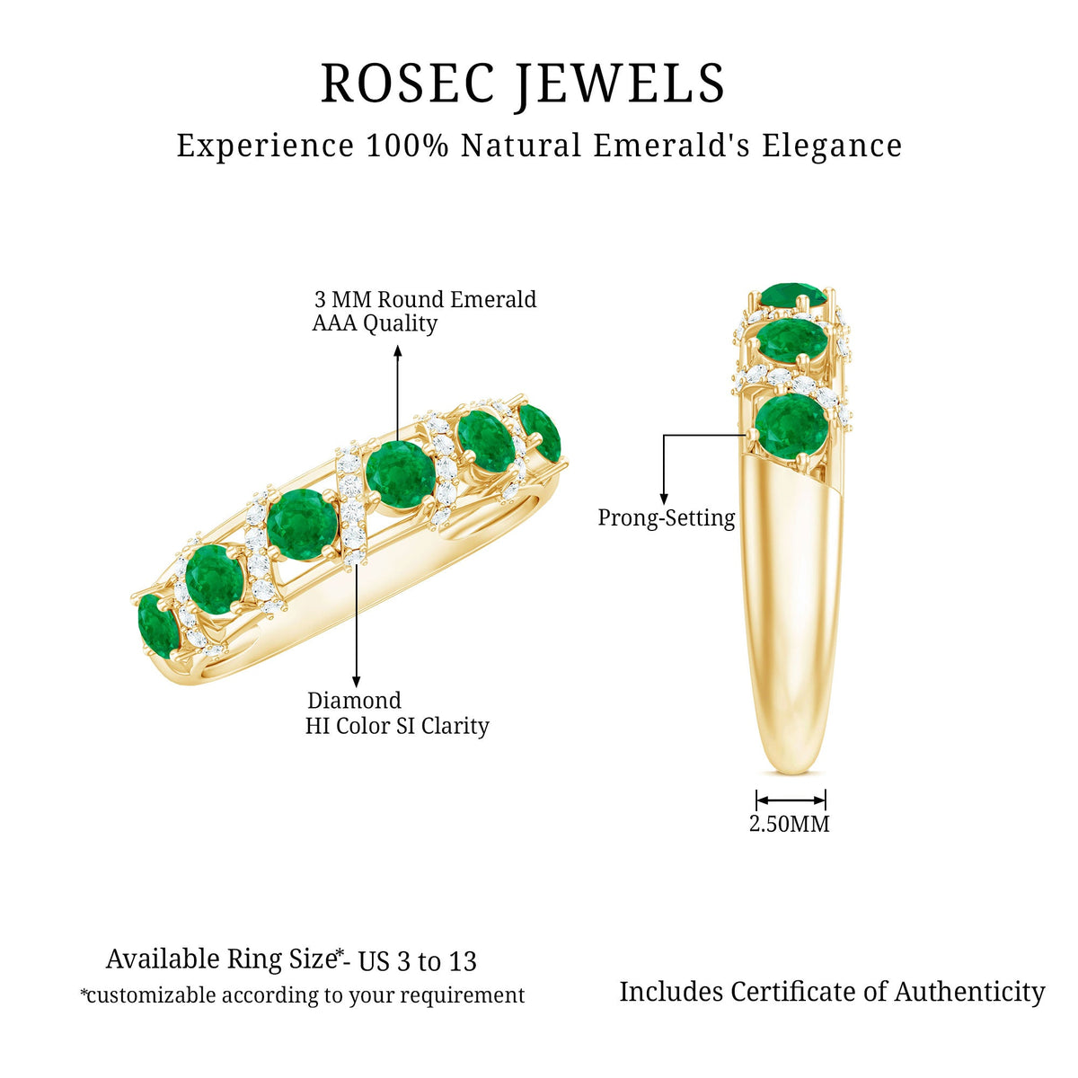 Round Emerald and Diamond Half Eternity Band for Women