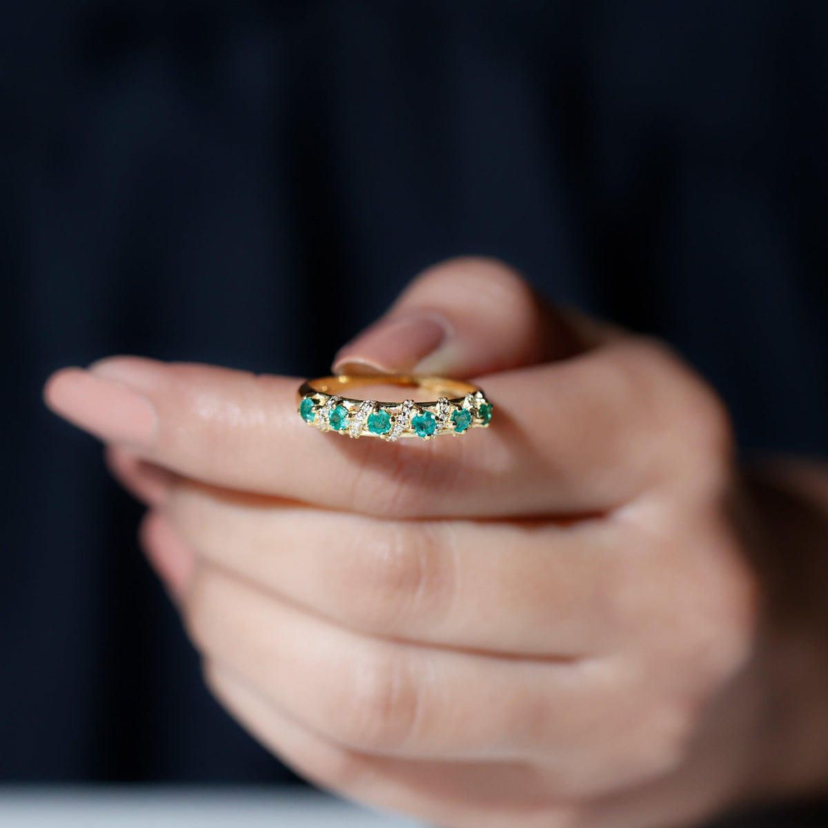 Round Emerald and Diamond Half Eternity Band for Women