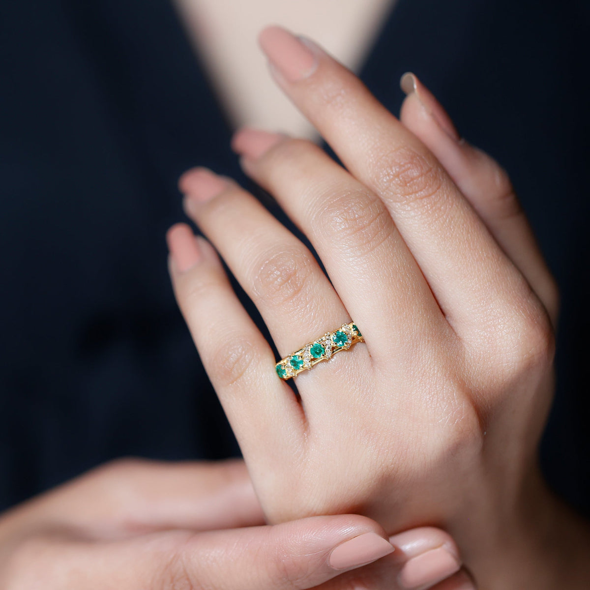 Round Emerald and Diamond Half Eternity Band for Women