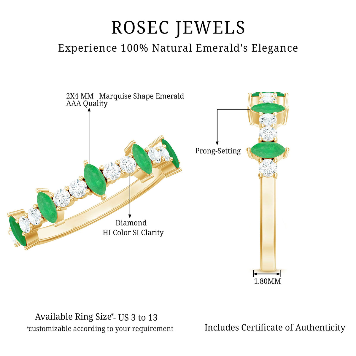 Natural Marquise Emerald Diamond Half Eternity Anniversary Ring with Certificate