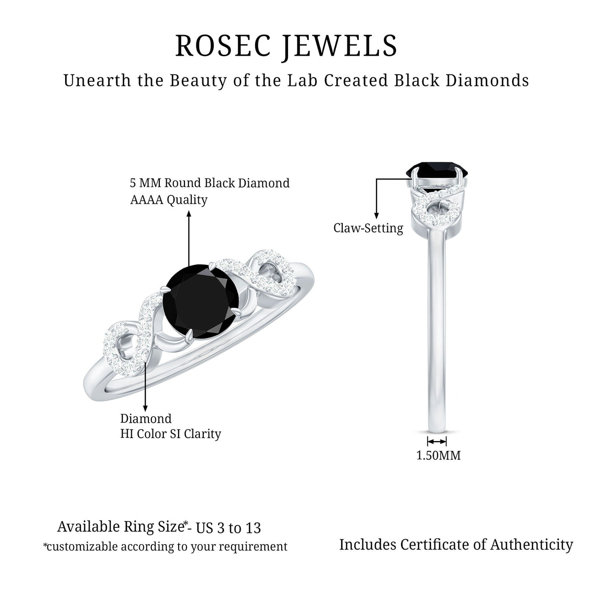 Lab Grown Black Diamond with White Diamond Infinity Engagement Ring
