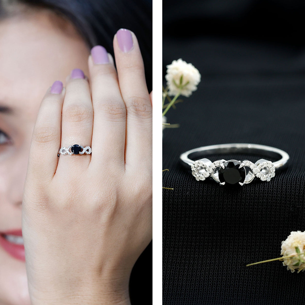 Lab Grown Black Diamond with White Diamond Infinity Engagement Ring