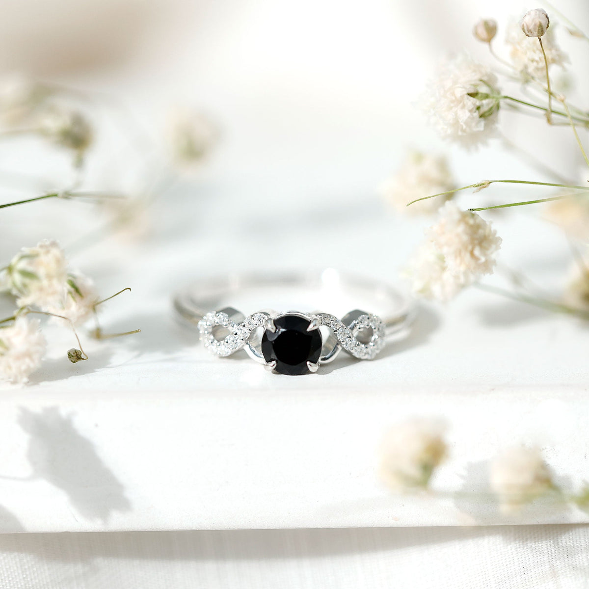 Lab Grown Black Diamond with White Diamond Infinity Engagement Ring