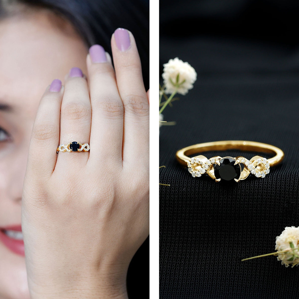 Lab Grown Black Diamond with White Diamond Infinity Engagement Ring
