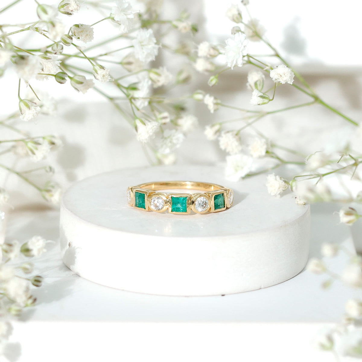 Real Emerald and Diamond Half Eternity Wedding Band in Bezel Set