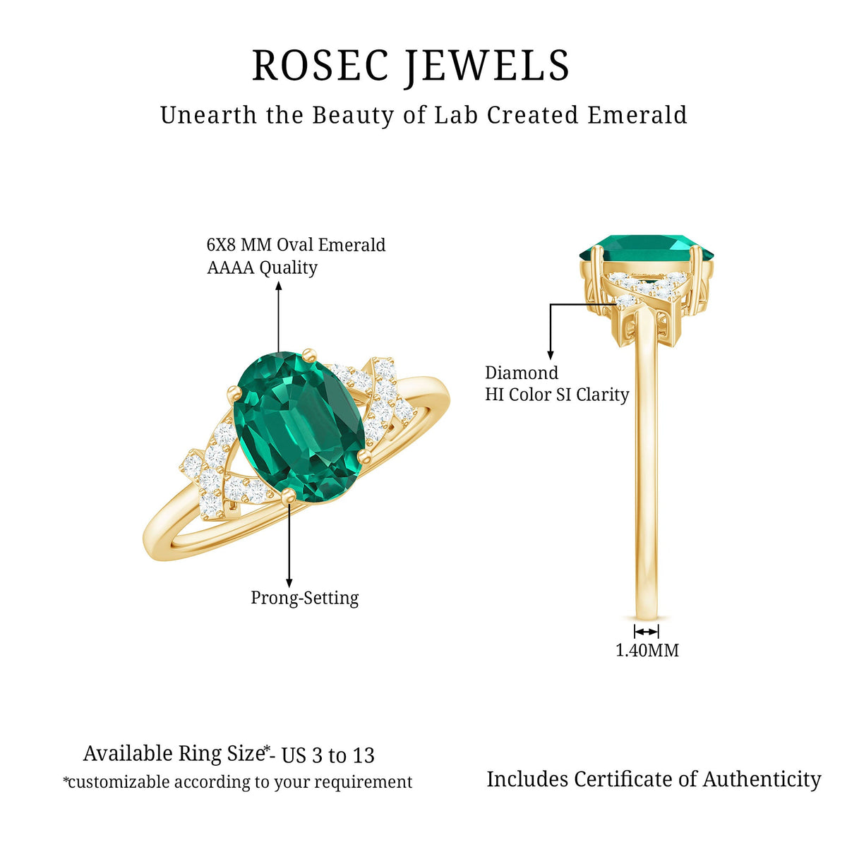 Certified 1.2 Carat Oval Lab Grown Emerald Engagement Ring with Diamond