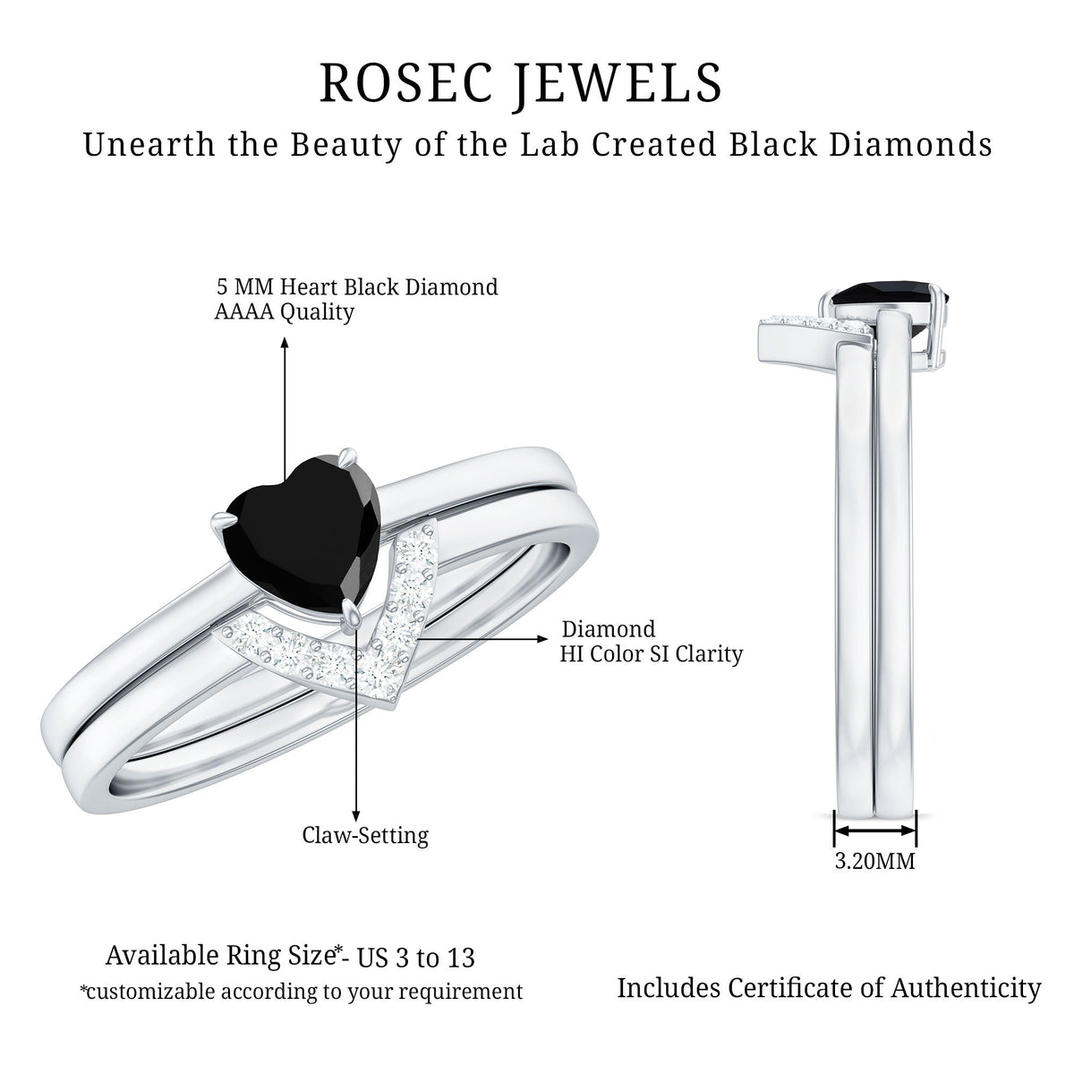 Heart Created Black Diamond Solitaire Ring Set with Diamond