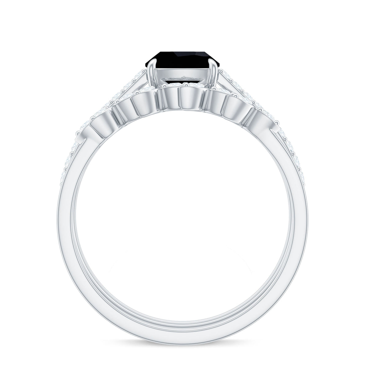 Cushion Cut Black Onyx and Diamond Engagement Ring with Leaf Wedding Band