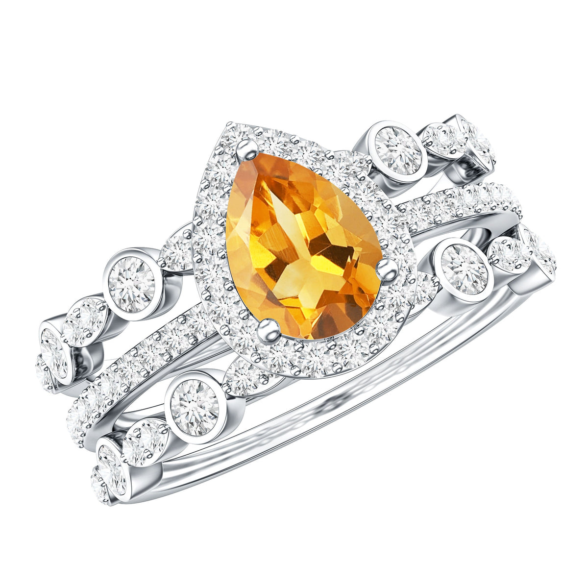 Pear Cut Citrine Bridal Trio Ring Set with Moissanite Band