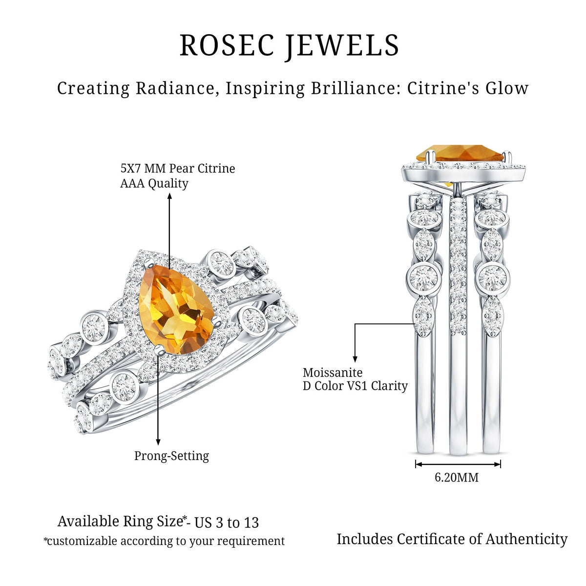 Pear Cut Citrine Bridal Trio Ring Set with Moissanite Band