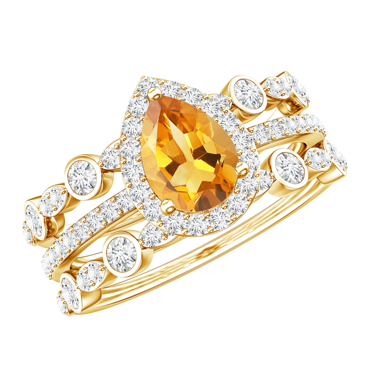 Pear Cut Citrine Bridal Trio Ring Set with Moissanite Band