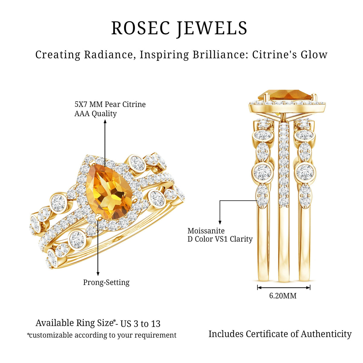 Pear Cut Citrine Bridal Trio Ring Set with Moissanite Band