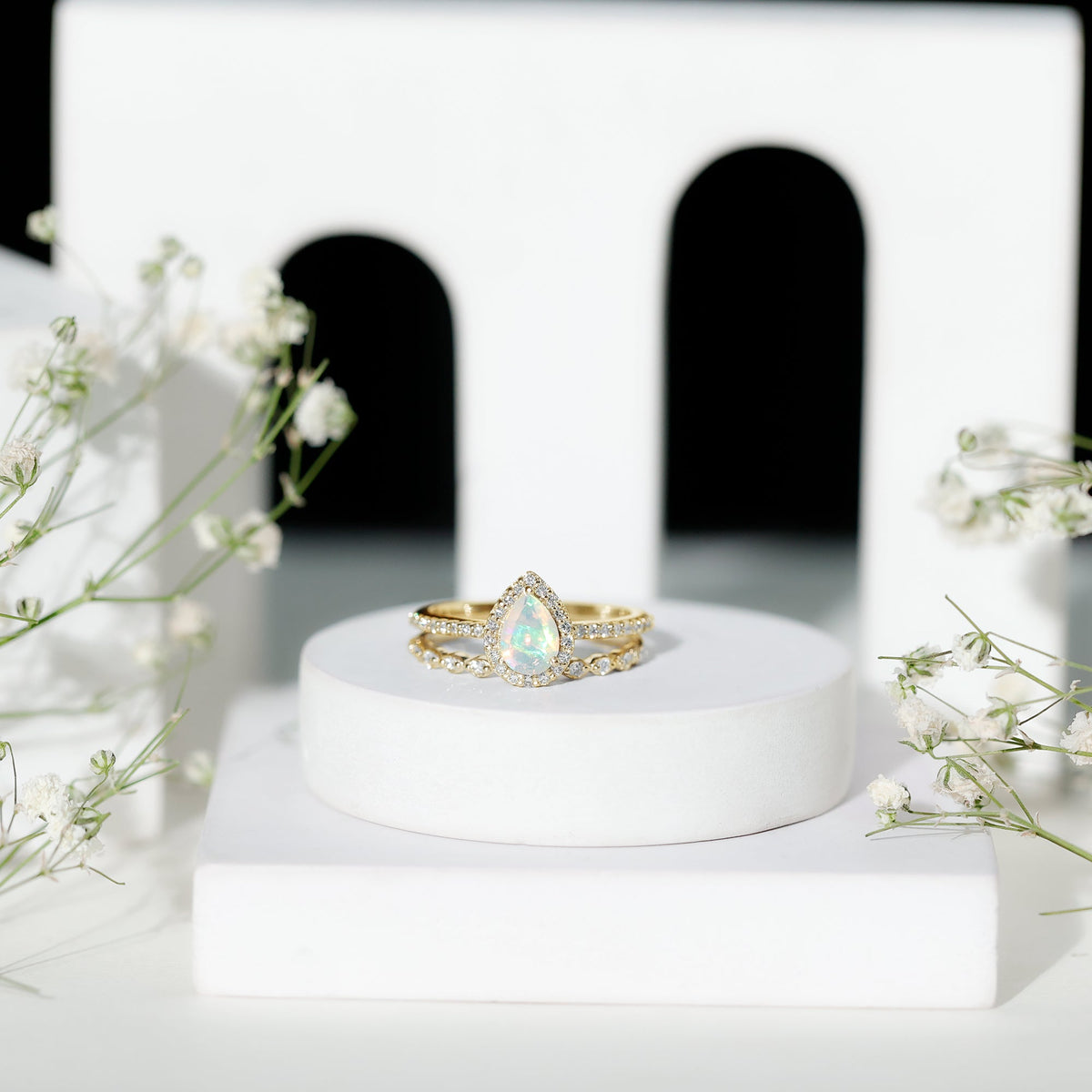 Natural Ethiopian Opal Diamond Pear Shaped Engagement Ring and Wedding Band Set