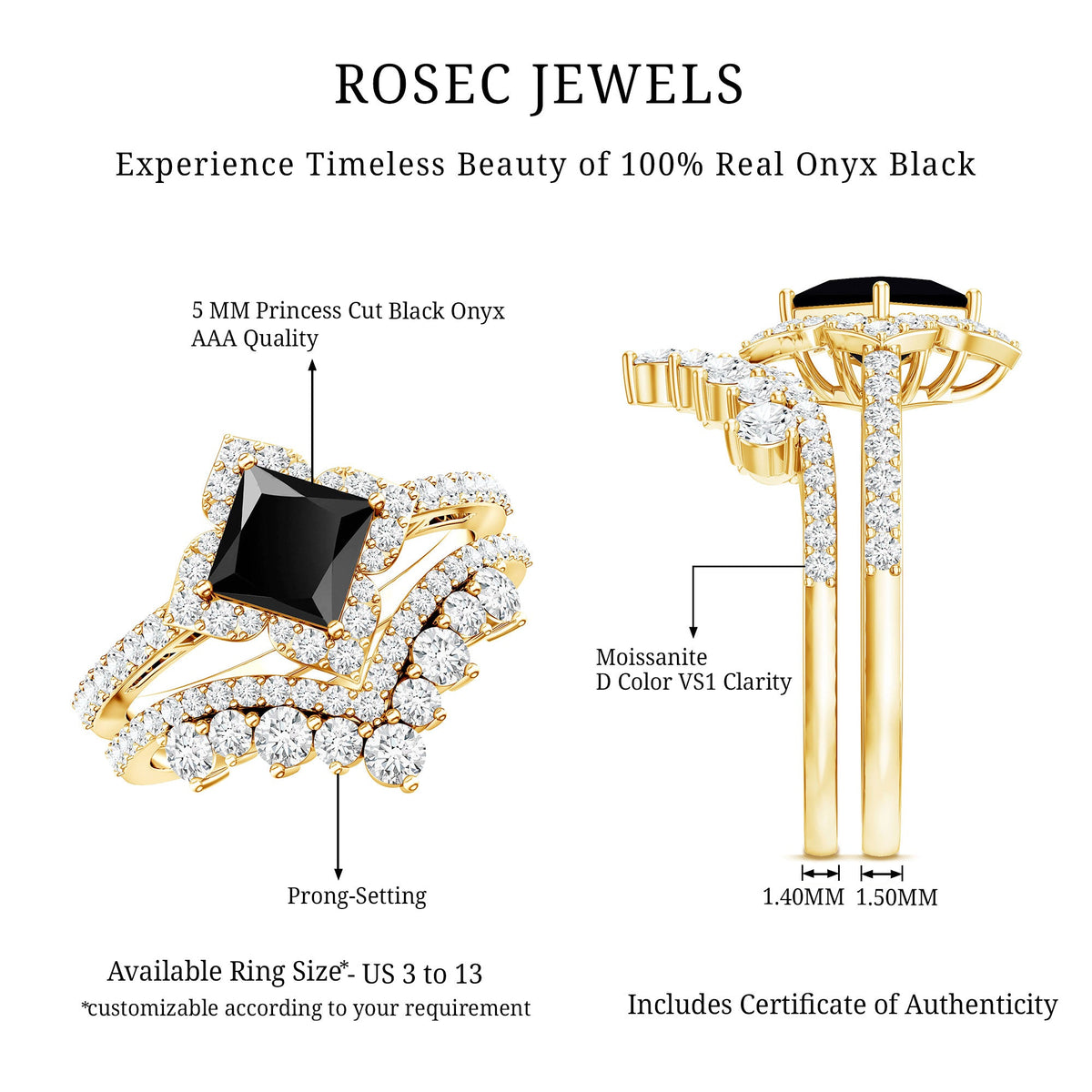0.5 Carat Black Onyx and Moissanite Statement Wedding Ring Set