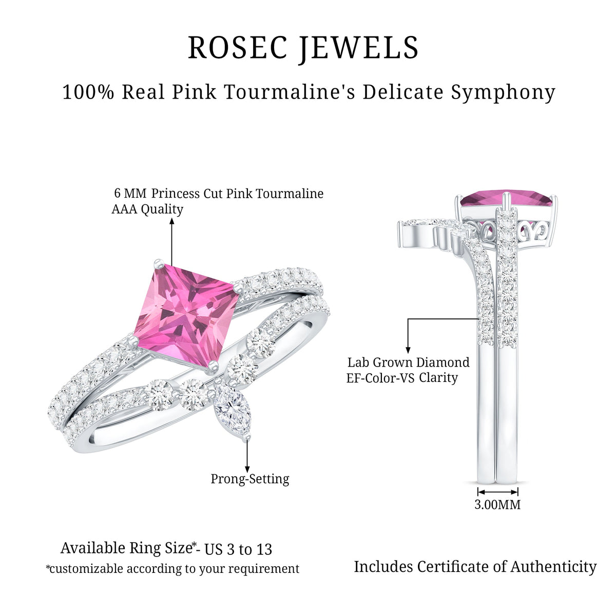 1 Carat Princess Cut Pink tourmaline and Diamond Wedding Ring Set for Women