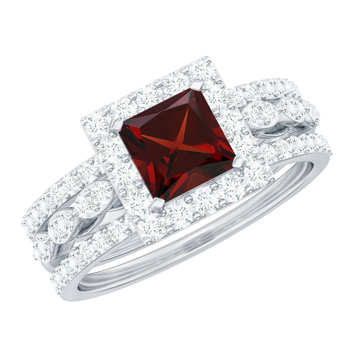 Genuine Princess Cut Garnet 3 Piece Bridal Ring Set with Moissanite Halo