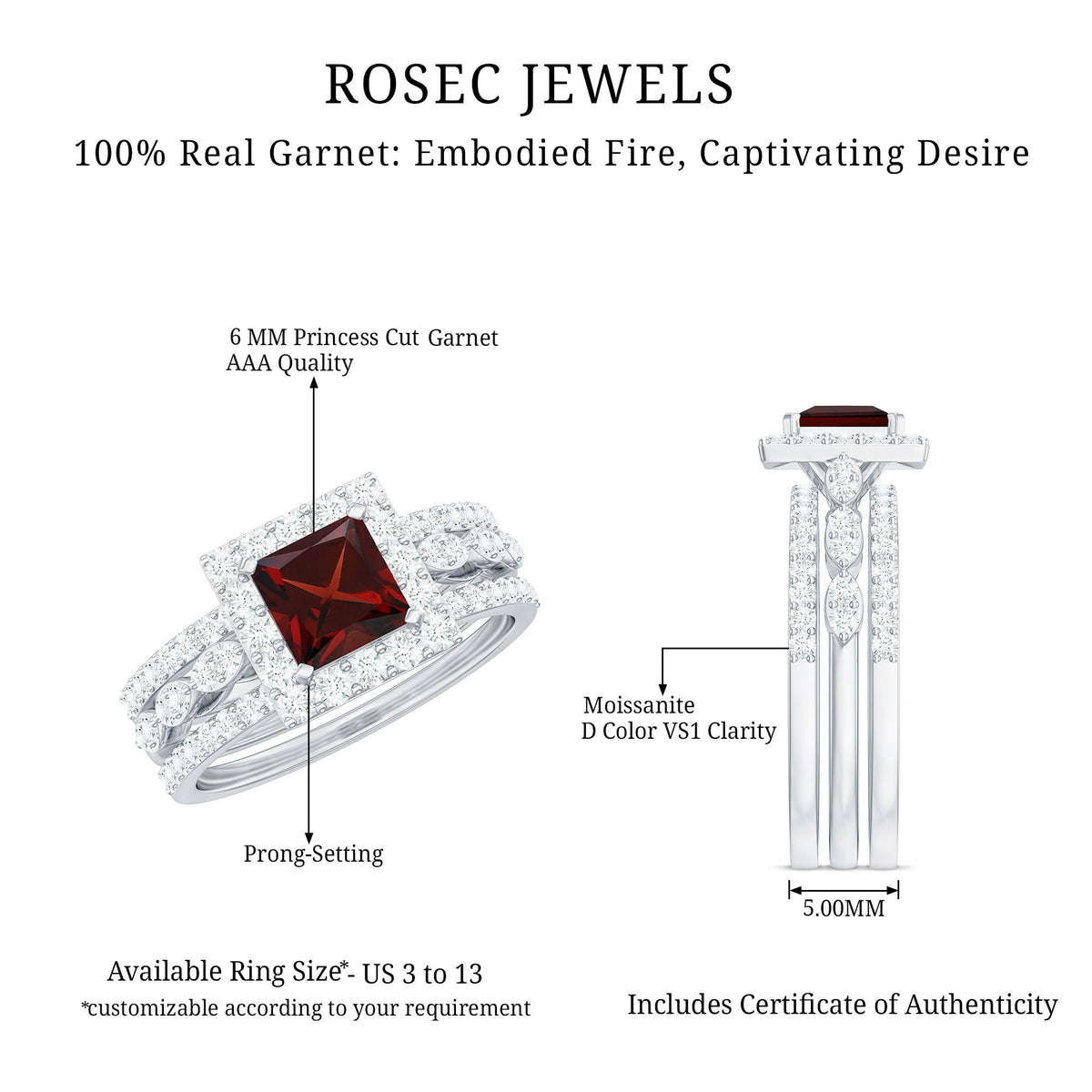 Genuine Princess Cut Garnet 3 Piece Bridal Ring Set with Moissanite Halo