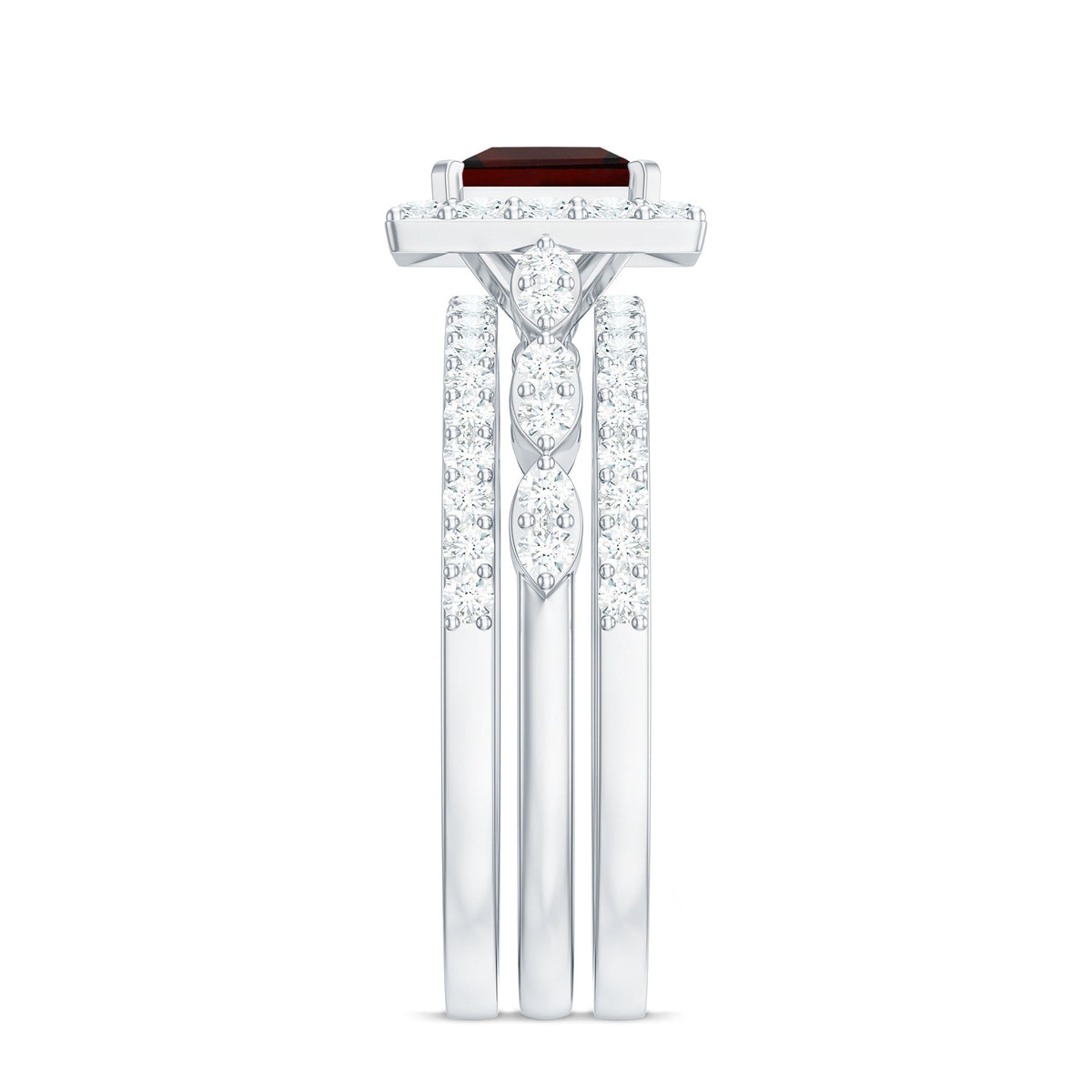 Genuine Princess Cut Garnet 3 Piece Bridal Ring Set with Moissanite Halo