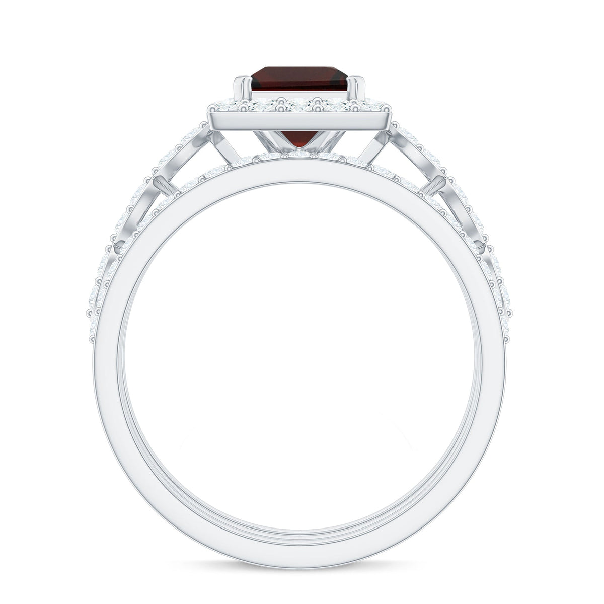 Genuine Princess Cut Garnet 3 Piece Bridal Ring Set with Moissanite Halo