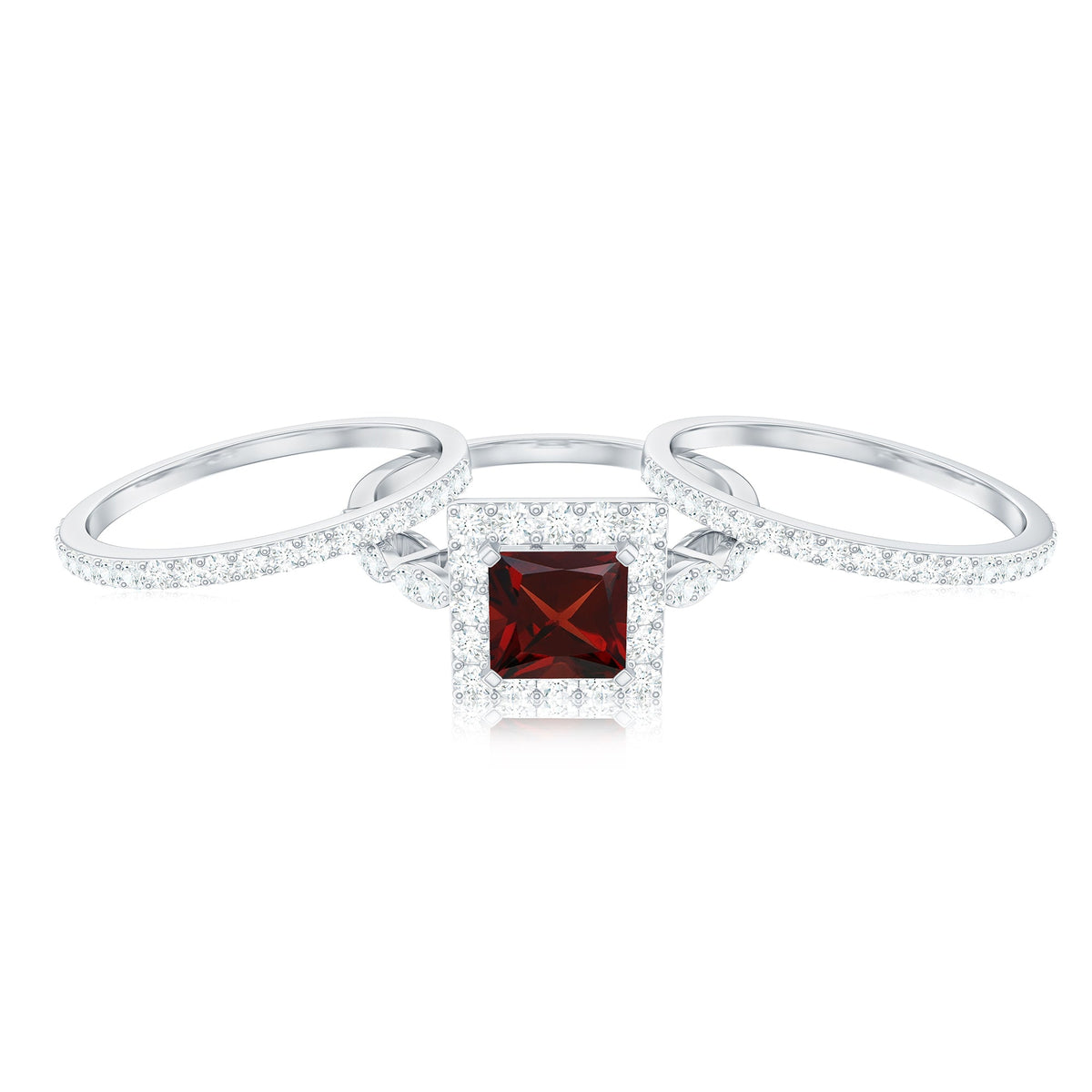 Genuine Princess Cut Garnet 3 Piece Bridal Ring Set with Moissanite Halo