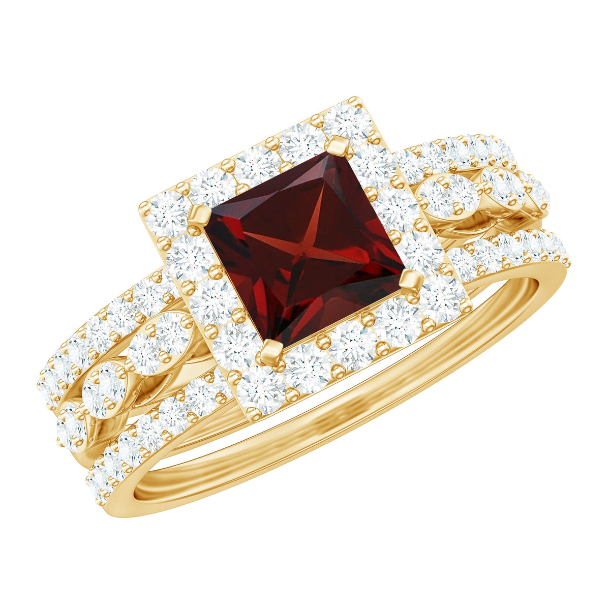 Genuine Princess Cut Garnet 3 Piece Bridal Ring Set with Moissanite Halo